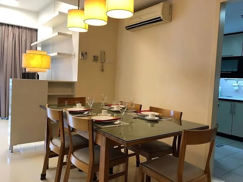 Dining features: 6-seater dining table, wooden dining chairs, glass tabletop, table setting with plates and glasses, pendant lighting above table, cream painted walls, air conditioning unit, curtains, open shelving unit in background; style: modern. Kitchen features: built-in kitchen cabinetry, microwave, stainless-steel appliances, countertop, kitchen backsplash, recessed lighting; style: modern.