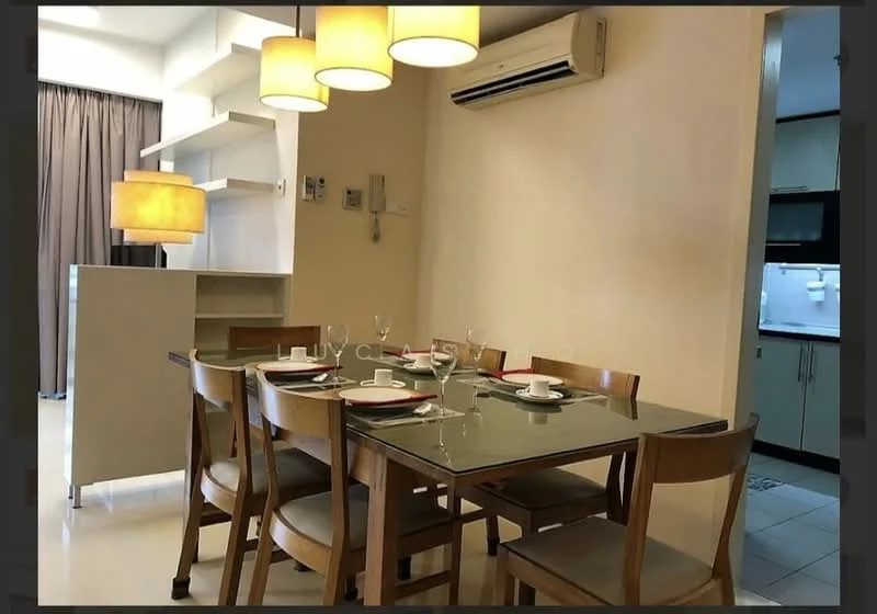 Dining features: 6-seater dining table with glass top, wooden dining chairs, pendant lighting with multiple shades, wall-mounted air conditioning unit, cream painted walls, floor-to-ceiling curtains, open shelving unit, tile flooring; style: modern. Kitchen features: built-in kitchen cabinets, stainless-steel appliances, countertop with backsplash, kitchen sink, oven, stove, refrigerator; style: modern.