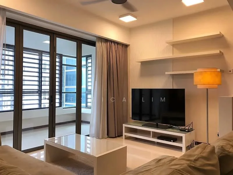 Living features: 3-seater fabric sofa in beige, white coffee table, wall-mounted TV, TV console with storage, floor-to-ceiling windows, sheer curtains, recessed downlights, ceiling fan, light-colored walls with texture, light-colored flooring, shelving unit on wall; style: modern; view: city.