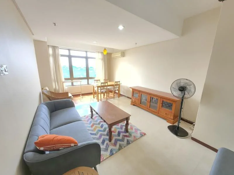 Living features: 3-seater fabric sofa in grey, coffee table, wooden TV console, area rug with chevron pattern, floor-to-ceiling windows, curtains, ceiling-mounted air conditioning unit, ceiling light fixture, wooden dining table with chairs, decorative throw pillow; style: modern; view: city.