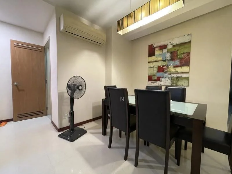 Dining features: glass dining table, 4 black upholstered dining chairs, wooden dining table legs, abstract wall art with colorful patterns, white painted walls, white ceiling, recessed downlights, 1 ceiling-mounted light fixture, floor-mounted fan, air conditioning unit on wall; style: modern.