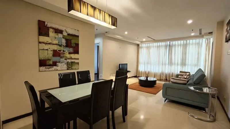 Living features: cream painted walls, marble flooring, recessed downlights, 5-blade ceiling fan with light, floor-to-ceiling windows with sheer curtains, light blue fabric sofa, round coffee table, TV console, wall-mounted TV, area rug with geometric pattern, dining table with glass top and black chairs, abstract painting on wall; style: modern.