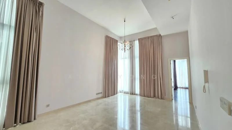 Living features: marble flooring, white painted walls, high ceiling, chandelier, floor-to-ceiling windows, sheer curtains, heavy drapes, recessed lighting; style: modern.