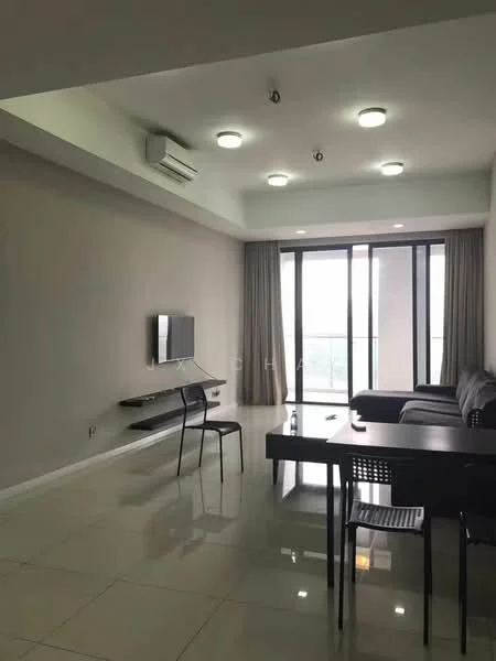 Living features: grey fabric sofa, wall-mounted TV, black coffee table, black dining chairs, floor-to-ceiling windows, sheer curtains, recessed downlights, 1 wall-mounted split AC, glossy tile flooring, light grey painted walls; style: modern; view: city.