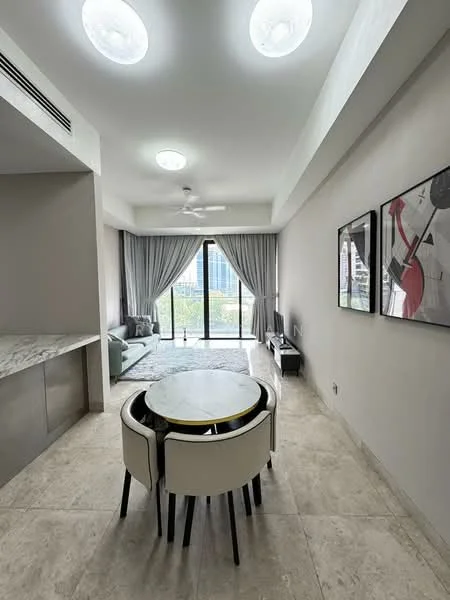 Living features: floor-to-ceiling windows, sliding glass door, grey curtains, 5-blade ceiling fan with light, recessed downlights, light-coloured walls, marble countertop, tile flooring, round dining table, 4 upholstered dining chairs, area rug, framed artwork, sofa, TV console; style: modern; view: city.