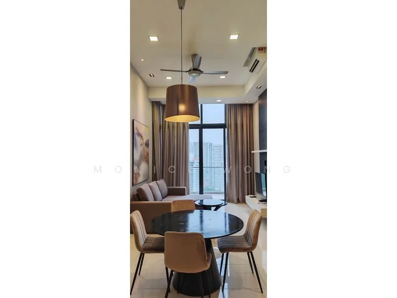 Living features: 3-seater fabric sofa in beige, round dining table, 4 upholstered dining chairs, pendant lamp, 5-blade ceiling fan with light, floor-to-ceiling windows, sheer curtains, wall-mounted TV, TV console, decorative artwork, white walls, glossy tile flooring; style: modern; view: city.