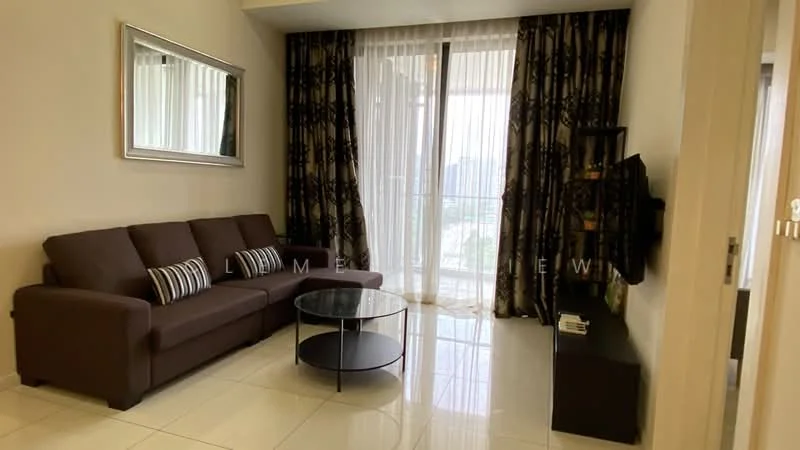 Living features: 3-seater fabric sofa in brown, decorative cushions, round coffee table with black base, floor-to-ceiling windows, sheer curtains, blackout curtains, wall-mounted TV, framed mirror, glossy tile flooring, wall decor, light-colored walls; style: modern; view: city.