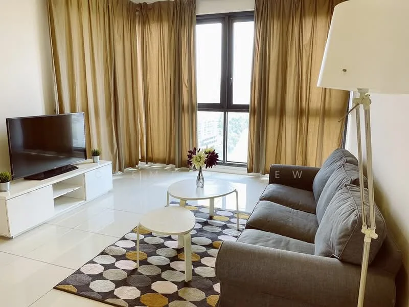 Living features: grey fabric 3-seater sofa, white coffee table, area rug with geometric pattern, floor-to-ceiling windows, sheer curtains in beige, wall-mounted TV, TV console in white, decorative vase with flowers, lampshade floor lamp, ceramic plant pots; style: modern; view: city.