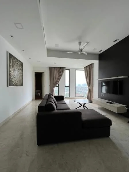 Living features: dark brown fabric sofa, coffee table, wall-mounted TV, TV console, floor-to-ceiling windows, sheer curtains, 5-blade ceiling fan with light, marble flooring, black accent wall, white painted walls, decorative wall art; style: modern; view: city.