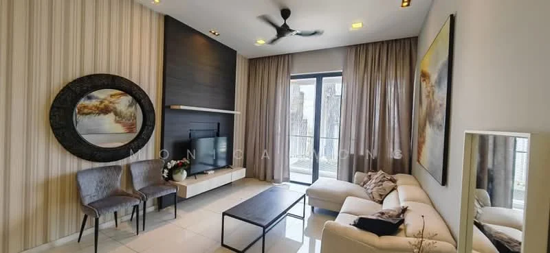 Living features: cream painted walls, feature wall with dark wood paneling, floor-to-ceiling windows, sliding glass door, sheer curtains, 5-blade ceiling fan with light, recessed downlights, light-colored sofa, coffee table, two upholstered chairs, decorative wall art, area rug, decorative plants; style: modern; view: city.