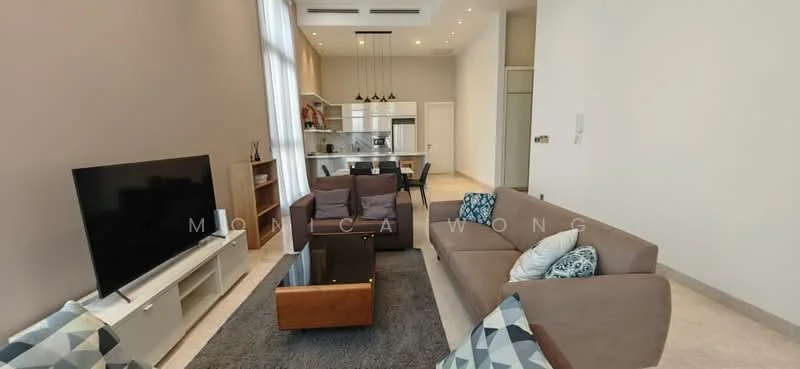 Living features: 3-seater fabric sofa in beige, 2-seater fabric sofa in brown, coffee table with wooden legs, TV console with storage, wall-mounted TV, area rug with geometric pattern, floor-to-ceiling windows, recessed downlights, decorative cushions, open-plan layout to kitchen, light-colored walls, marble flooring; style: modern. Kitchen features: kitchen island with seating, stainless-steel appliances, white cabinetry, granite countertop, open shelving, pendant lighting, backsplash with tile, built-in oven, refrigerator, 4-burner gas hob; style: modern.