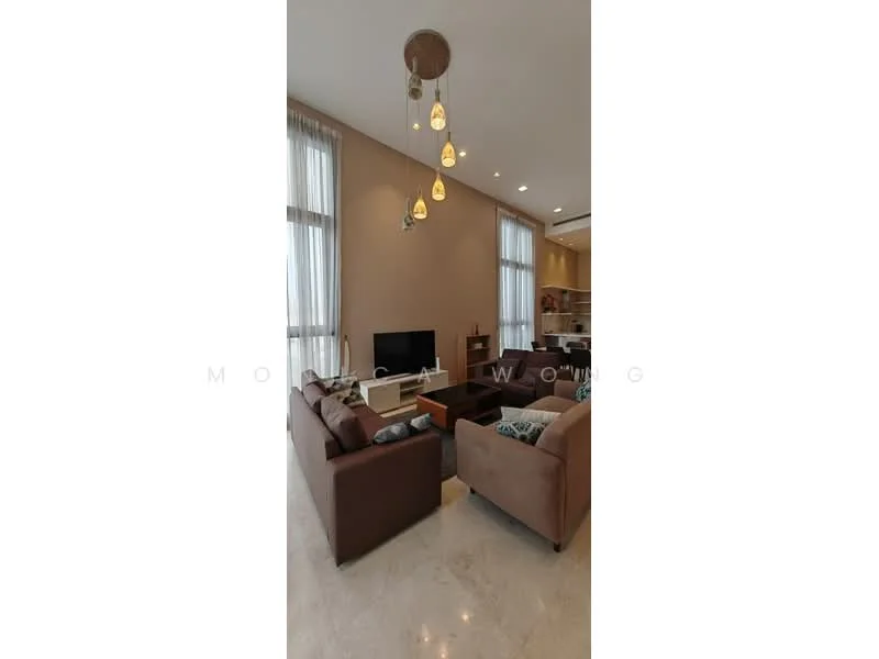 Living features: 2-seater leather sofa in brown, 3-seater fabric sofa in beige, coffee table, wall-mounted TV, marble flooring, recessed downlights, pendant lighting with multiple bulbs, floor-to-ceiling windows with sheer curtains, decorative cushions, area rug with geometric pattern; style: modern.