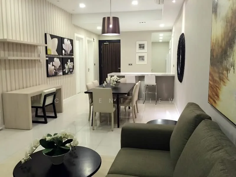 Living features: green fabric sofa, round coffee table, wall-mounted artwork with floral theme, dining table with six upholstered chairs, pendant light fixture, white painted walls, recessed ceiling lights, tile flooring, open shelving unit, decorative mirror, decorative plant arrangement; style: modern.