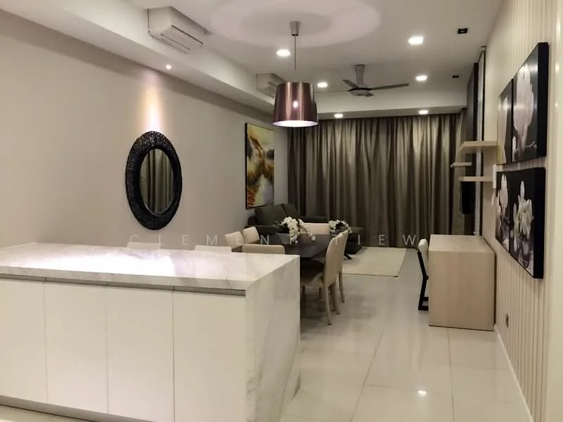 Living features: marble countertop, white cabinetry, recessed downlights, 5-blade ceiling fan, sofa in grey, dining table for 6, upholstered dining chairs, large wall mirror, decorative artwork, curtains in neutral tone, area rug, TV console, wall-mounted TV; style: modern.