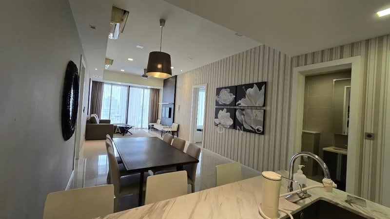 Living features: marble tile flooring, grey accent wall, floor-to-ceiling windows, recessed downlights, pendant lamp, sofa in beige, coffee table, TV console, wall-mounted TV, area rug, dining table for 6, upholstered dining chairs, decorative artwork on walls; style: modern; view: city. Kitchen features: single-bowl stainless-steel sink, chrome pull-down faucet, marble countertop, built-in cabinets, recessed downlights; style: modern.