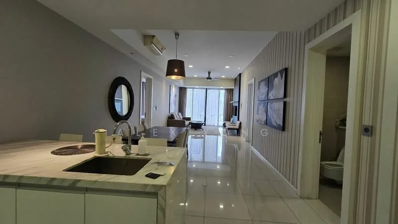 Kitchen features: marble countertop, single-bowl stainless-steel sink, chrome pull-down faucet, white cabinetry, built-in appliances, open shelving; style: modern. Living features: 3-seater fabric sofa in beige, coffee table, wall-mounted TV, area rug, floor-to-ceiling windows, ceiling fan, decorative wall art; style: modern; view: city. Bathroom features: one-piece toilet, vanity with sink, tile cladding, mirror, shower area; style: modern.