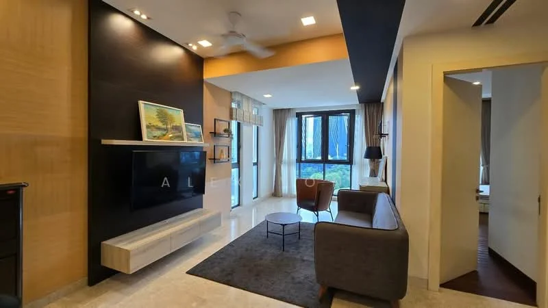 Living features: grey fabric sofa, round coffee table, wall-mounted TV, floating TV console, ceiling fan, recessed downlights, large windows with sheer curtains, marble flooring, wood accent wall, decorative artwork on wall; style: modern; view: garden. Room features: doorway leading to another room, light-colored walls.