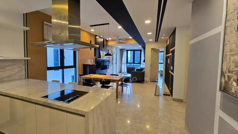 Kitchen features: marble countertop, stainless-steel sink, chrome pull-down faucet, built-in oven, 4-burner gas hob, white cabinetry, open shelving, pendant lighting, recessed downlights; style: modern. Living features: 3-seater fabric sofa in grey, coffee table, dining table for 6, pendant lamp, wall-mounted TV, area rug; style: modern.