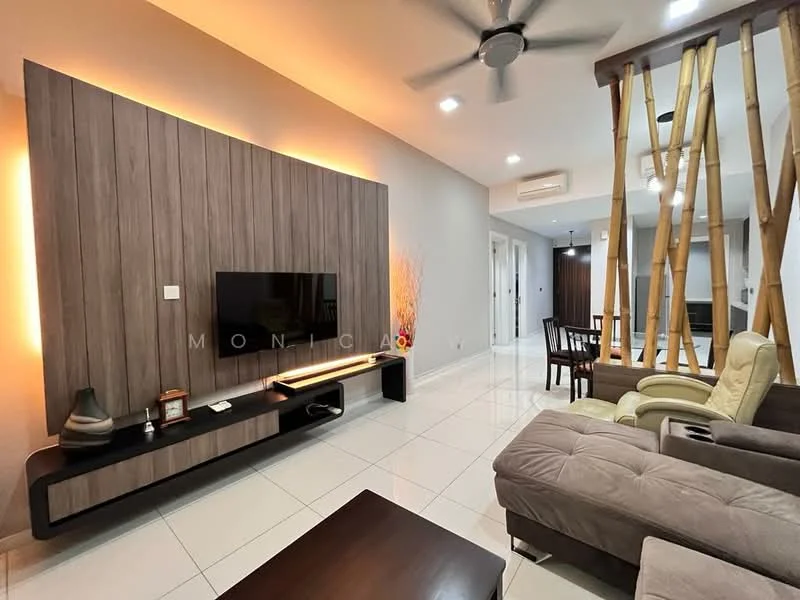 Living features: grey fabric sectional sofa, recliner chair in cream, dark wood coffee table, wall-mounted flat-screen TV, wood feature wall with backlighting, white tiled flooring, ceiling fan, decorative plants in vase, dining area visible in background, bamboo accents in architecture; style: modern.