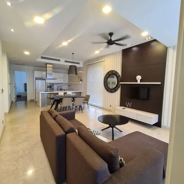 Living features: 3-seater fabric sofa in brown, coffee table, wall-mounted TV, entertainment unit, ceiling fan with light, recessed downlights, decorative mirror, area rug, tile flooring, vertical blinds; style: modern. Dining features: 6-seater dining table, upholstered dining chairs, pendant lamp, open kitchen layout, kitchen island; style: modern.