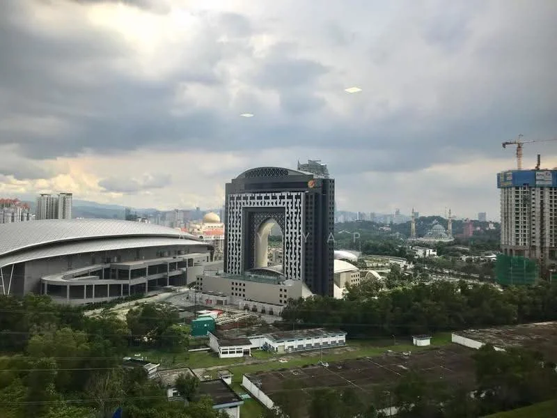 Exterior type: high-rise condominium; features: glass curtain wall, recessed balconies, surrounded by mature greenery, urban skyline view, adjacent to highway, modern architectural design; style: modern.