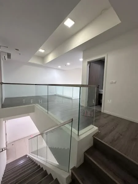 Room features: wooden flooring, white painted walls, recessed downlights, glass railing, staircase with wooden steps, air conditioning unit, open ceiling design, doorway leading to another room; style: modern.