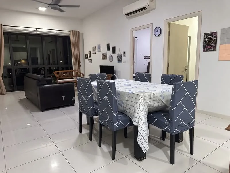 Dining features: 6-seater dining table with tablecloth, upholstered dining chairs with geometric pattern, white tiled flooring, recessed downlights, wall clock, decorative wall art, open layout to living area, floor-to-ceiling windows, curtains, air conditioning unit; style: modern; view: city. Living features: 3-seater fabric sofa in dark color, wooden coffee table, TV console, wall-mounted TV, decorative wall art, open layout to dining area, floor-to-ceiling windows, curtains, air conditioning unit; style: modern; view: city.