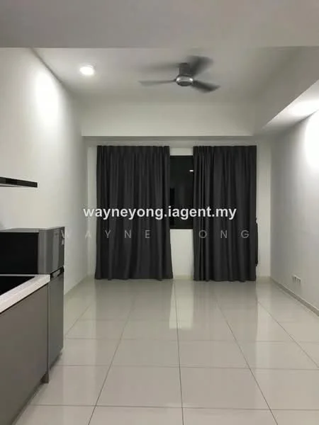 Room features: white painted walls, grey curtains, floor-to-ceiling window, white ceiling, recessed downlights, polished ceramic tile flooring, stainless-steel fridge, kitchen countertop with cabinetry; style: modern.