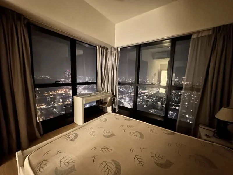 Bedroom features: floor-to-ceiling windows, city view, queen-size bed, upholstered headboard, bedside lamp, light-colored bedding, wooden flooring, curtains, decorative wall art; style: modern; view: city.