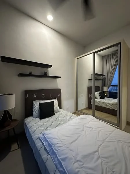 Bedroom features: single bed with white bedding, upholstered headboard, black decorative pillow, built-in wardrobe with mirrored doors, floating shelves above the bed, curtains in neutral color, ceiling fan, wooden flooring, table lamp on bedside table; style: modern; view: city.
