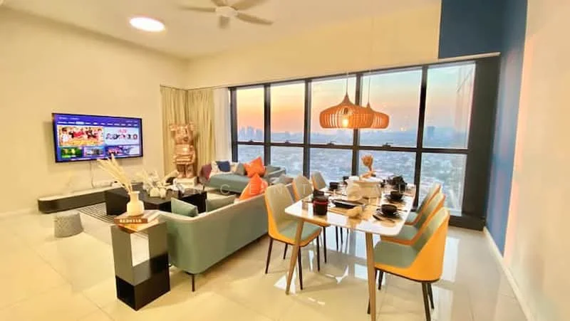 Living features: floor-to-ceiling windows, city view, 5-blade ceiling fan, sofa in light blue, orange accent pillows, wooden coffee table, wall-mounted TV, decorative wall art, area rug, dining table with 8 chairs, pendant lighting, light-colored tiled flooring, curtains, decorative vase; style: modern; view: city.