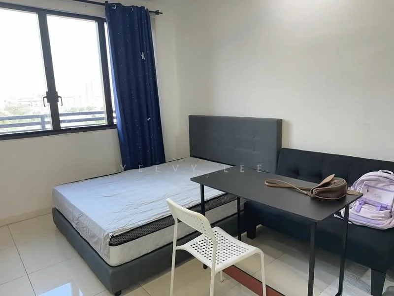 Bedroom features: queen-size bed with grey upholstered headboard, black sofa, white plastic chair, black table, floor-to-ceiling window, blue curtains, white tiled flooring, plain white walls; style: modern; view: city.