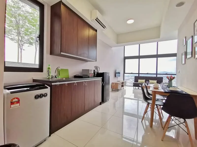 Kitchen features: white walls, glossy tile flooring, brown wooden cabinetry, single-bowl stainless-steel sink, chrome pull-down faucet, built-in stove, refrigerator, wall-mounted split AC, dining table with chairs, floor-to-ceiling windows, city view; style: modern; view: city.
