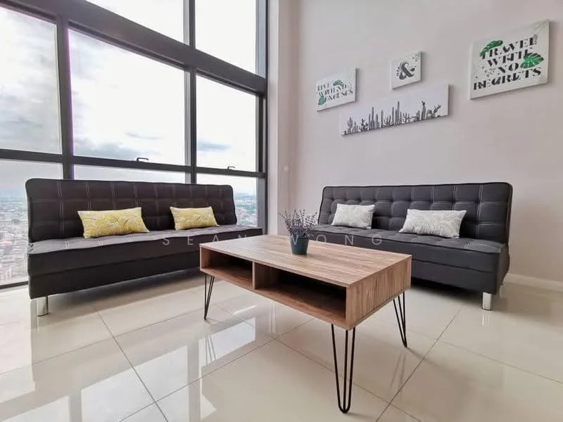 Living features: two black fabric sofas, wooden coffee table with open shelving, large floor-to-ceiling windows, white walls, glossy tile flooring, decorative wall art, yellow accent cushions, city view from windows; style: modern; view: city.