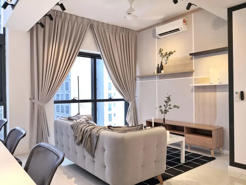 Living features: 3-seater fabric sofa in light grey, black area rug with geometric pattern, wall-mounted TV console in light wood, decorative shelf on wall, floor-to-ceiling windows, sheer curtains in light beige, wall-mounted split AC, ceiling fan with light, decorative plant in vase, decorative items on shelf; style: modern; view: city.