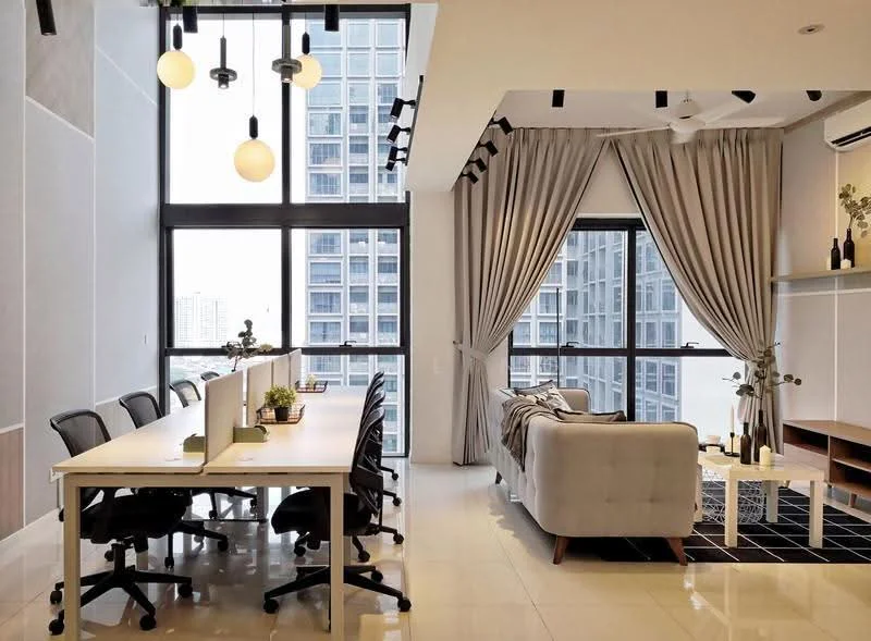 Living features: floor-to-ceiling windows, grey fabric sofa, white coffee table, black area rug, white walls, recessed downlights, hanging pendant lights, curtains, wooden TV console, decorative plants, open shelving, workspace with multiple chairs; style: modern; view: city.