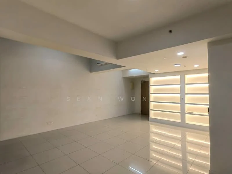 Room features: white painted walls, glossy tile flooring, recessed downlights, built-in shelving unit with backlighting, open layout, high ceiling, doorway leading to another room, neutral color scheme; style: modern.