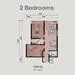 Floor plan: 2-bedroom 1-bathroom unit; features: open-plan kitchen-dining-living, master bedroom with ensuite bathroom, all bedrooms with windows, utility room, central foyer, 1 car porch.