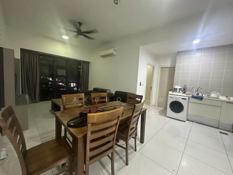 Dining features: 6-seater dining table, wooden dining chairs, pendant light, floor-to-ceiling windows, city view, white walls, ceramic tile flooring, air conditioning unit, curtains, open layout to kitchen and living area; style: modern; view: city. Kitchen features: white cabinetry, stainless-steel sink, built-in oven, freestanding washing machine, ceramic tile backsplash, countertop space, refrigerator, stove, exhaust hood; style: modern. Living features: 3-seater fabric sofa, coffee table, TV console, wall-mounted TV, air conditioning unit, floor-to-ceiling windows, city view, ceramic tile flooring; style: modern; view: city.