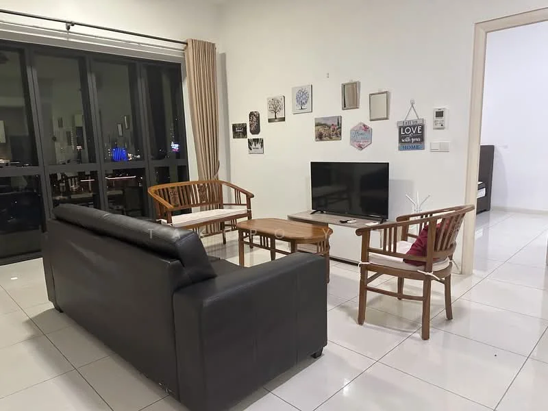 Living features: black leather sofa, wooden coffee table, 2 wooden armchairs, wall-mounted TV, white walls, large windows with sheer curtains, tile flooring, decorative wall art, area rug, cushion on armchair; style: modern; view: city.