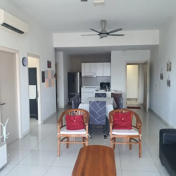 Living features: white painted walls, glossy tile flooring, 5-blade ceiling fan with light, wall-mounted split AC, sofa in black, wooden coffee table, 2 wooden armchairs, dining table with checkered tablecloth, kitchen visible in background, open layout, doorway to other rooms; style: modern. Kitchen features: white cabinetry, stainless-steel appliances, countertop with backsplash, open layout to living area; style: modern.
