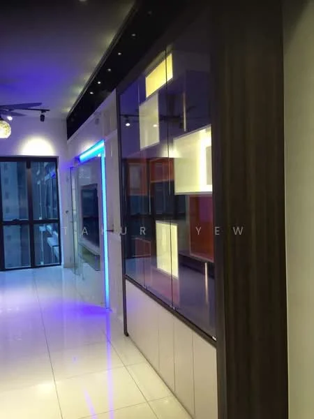Room features: glossy white tile flooring, built-in cabinetry with glass doors, LED strip lighting, dark wood paneling, recessed ceiling lights, floor-to-ceiling windows, neutral wall color, open layout; style: modern; view: city.