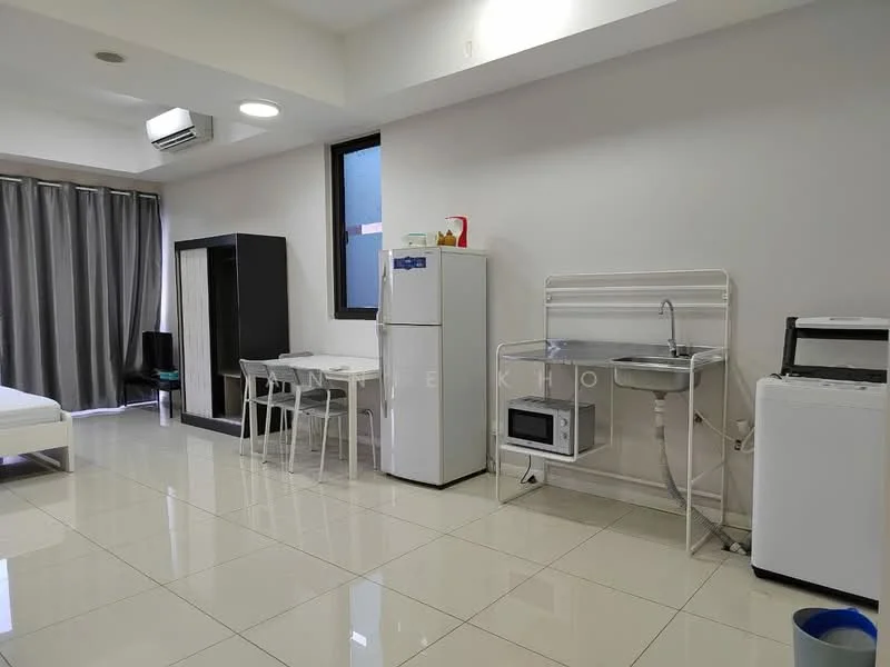 Room features: white walls, grey curtains, tile flooring, 1 window, 1 wall-mounted split AC, double-door fridge, microwave, stainless-steel sink, white countertop, washing machine, 4 dining chairs, 1 dining table, black wardrobe, bed with white frame; style: modern.