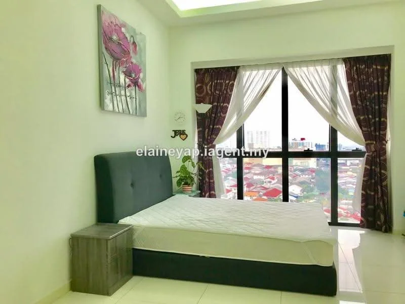 Bedroom features: king-size bed, upholstered headboard, nightstand with drawer, floor-to-ceiling windows, sheer curtains, blackout curtains, white painted walls, tile flooring, recessed ceiling lights, decorative wall art; style: modern; view: city.