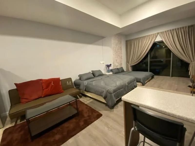 Living features: grey upholstered sofa, 2 single beds with grey bedding, coffee table with glass top, area rug in dark red, floor-to-ceiling windows, sheer curtains, wooden flooring, recessed ceiling lights; style: modern.