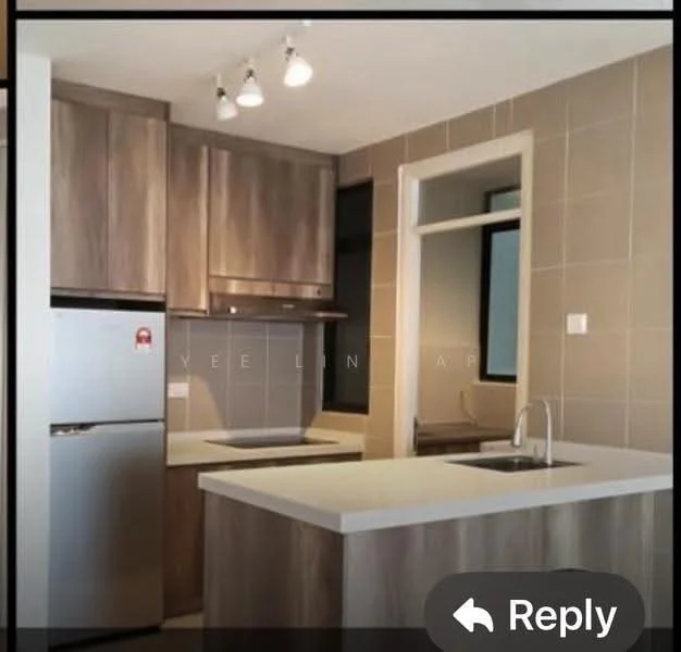 Kitchen features: light wood cabinetry, white countertop, stainless-steel single-bowl sink, chrome pull-down faucet, built-in stainless-steel range hood, freestanding stainless-steel fridge, ceramic tile backsplash, recessed downlights, grey tiled walls, window with view, open layout; style: modern.