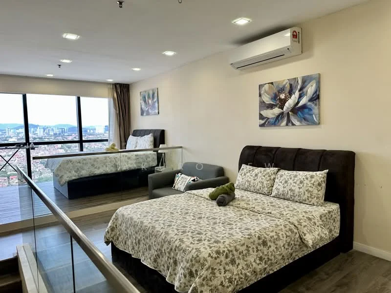 Bedroom features: king-size bed with floral bedding, upholstered headboard, bedside lamps, mirrored dresser, floor-to-ceiling windows, city view, wall-mounted air conditioning unit, decorative artwork on walls, wooden flooring, sofa in grey fabric; style: modern; view: city.
