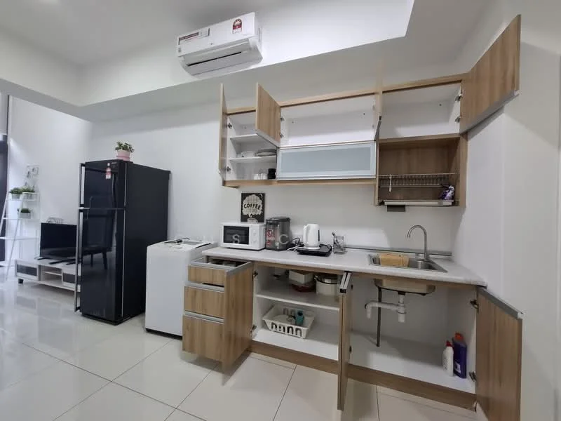 Kitchen features: white painted walls, glossy tile flooring, wood cabinetry with open shelving, stainless-steel sink, chrome pull-down faucet, built-in microwave, freestanding refrigerator, countertop with space for appliances, dish rack, kitchen utensils visible, air conditioning unit mounted on wall; style: modern.