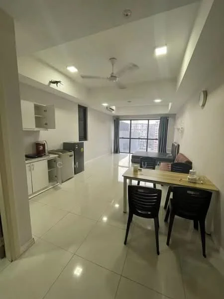 Living features: white painted walls, polished tile flooring, 5-blade ceiling fan with light, floor-to-ceiling windows, grey sofa, coffee table, TV console, wall-mounted TV, dining table with 4 black chairs, kitchenette with white cabinets, stainless-steel fridge, microwave, kettle; style: modern; view: city.