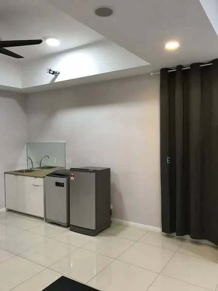 Laundry features: white cabinetry, grey countertop, stainless-steel fridge, front-load washing machine, black curtain, recessed downlights, ceiling fan, white tiled flooring, white painted walls; style: modern.